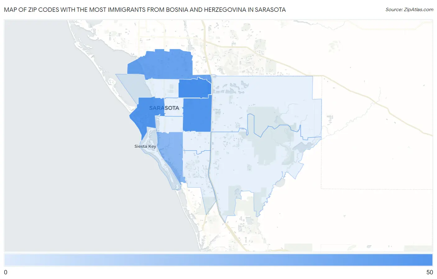 Zip Codes with the Most Immigrants from Bosnia and Herzegovina in Sarasota Map