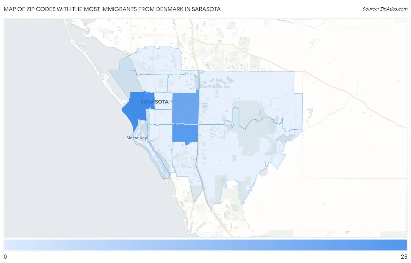 Zip Codes with the Most Immigrants from Denmark in Sarasota Map