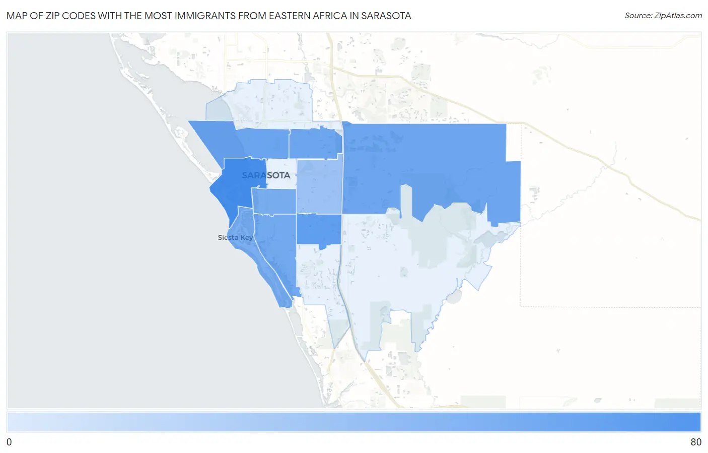 Zip Codes with the Most Immigrants from Eastern Africa in Sarasota Map