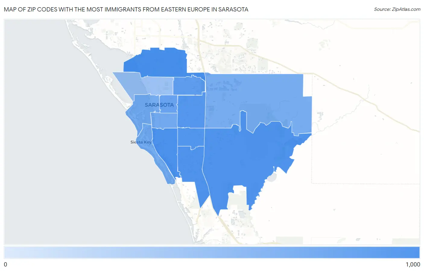Zip Codes with the Most Immigrants from Eastern Europe in Sarasota Map