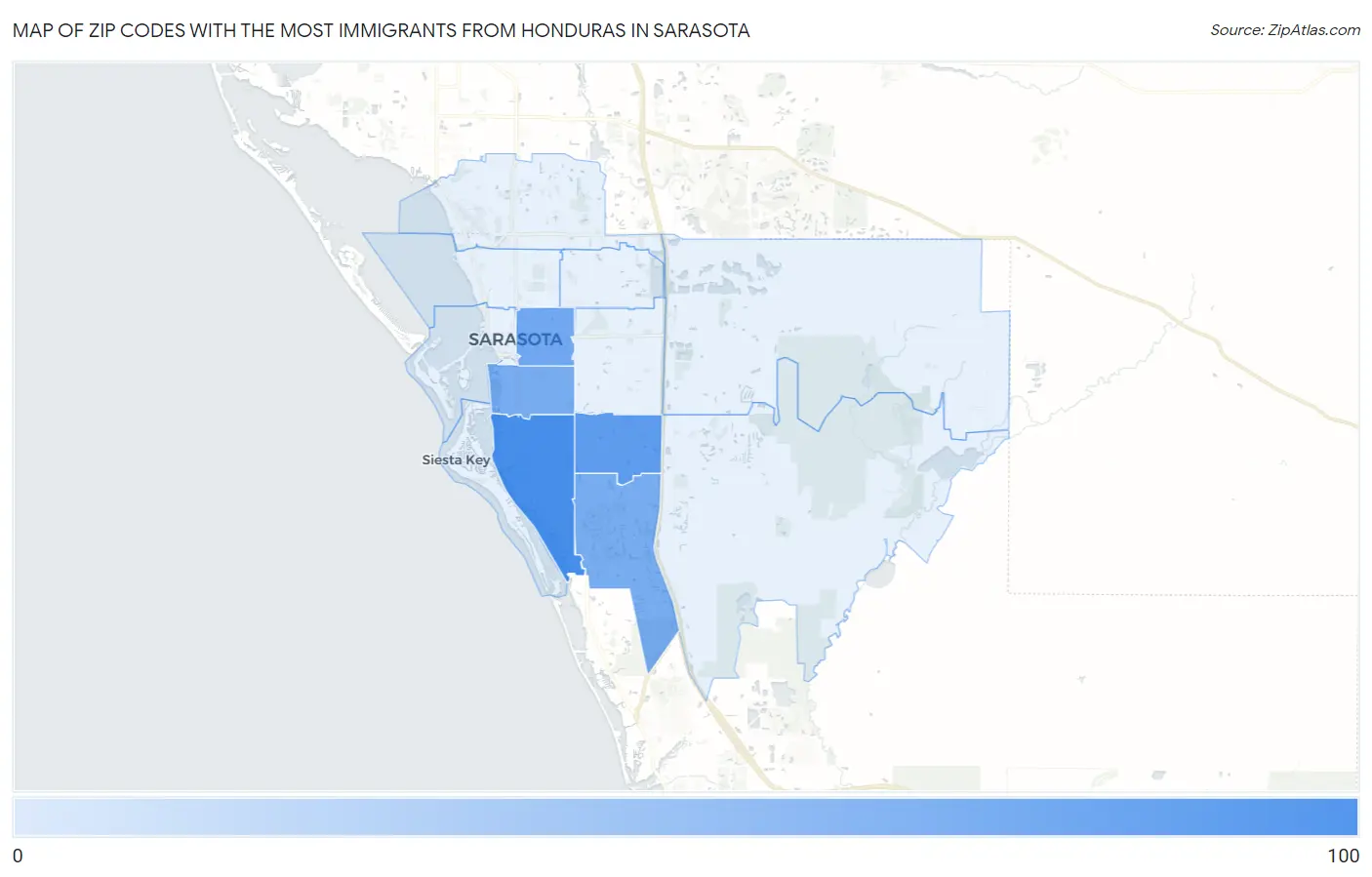 Zip Codes with the Most Immigrants from Honduras in Sarasota Map