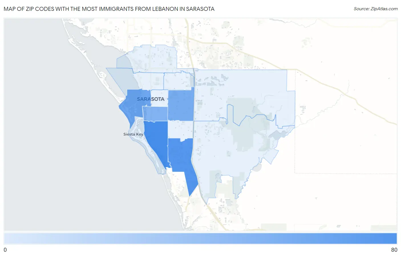 Zip Codes with the Most Immigrants from Lebanon in Sarasota Map