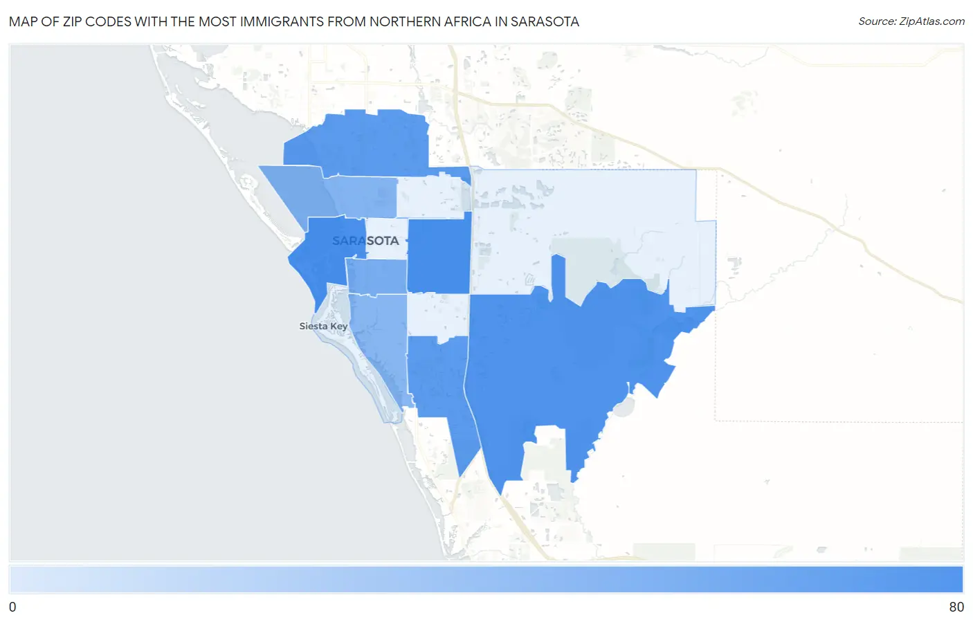 Zip Codes with the Most Immigrants from Northern Africa in Sarasota Map