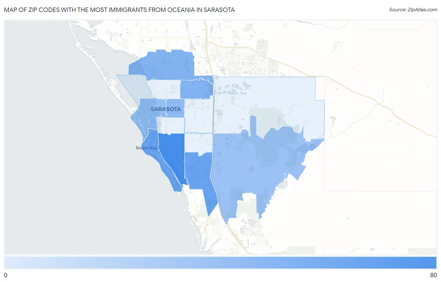 Zip Codes with the Most Immigrants from Oceania in Sarasota Map