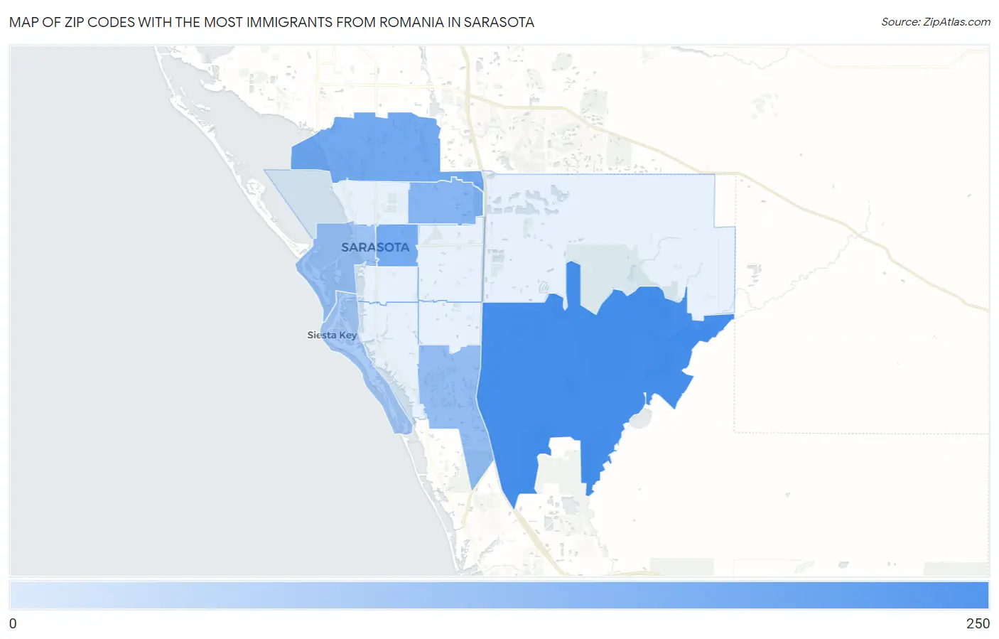 Zip Codes with the Most Immigrants from Romania in Sarasota Map