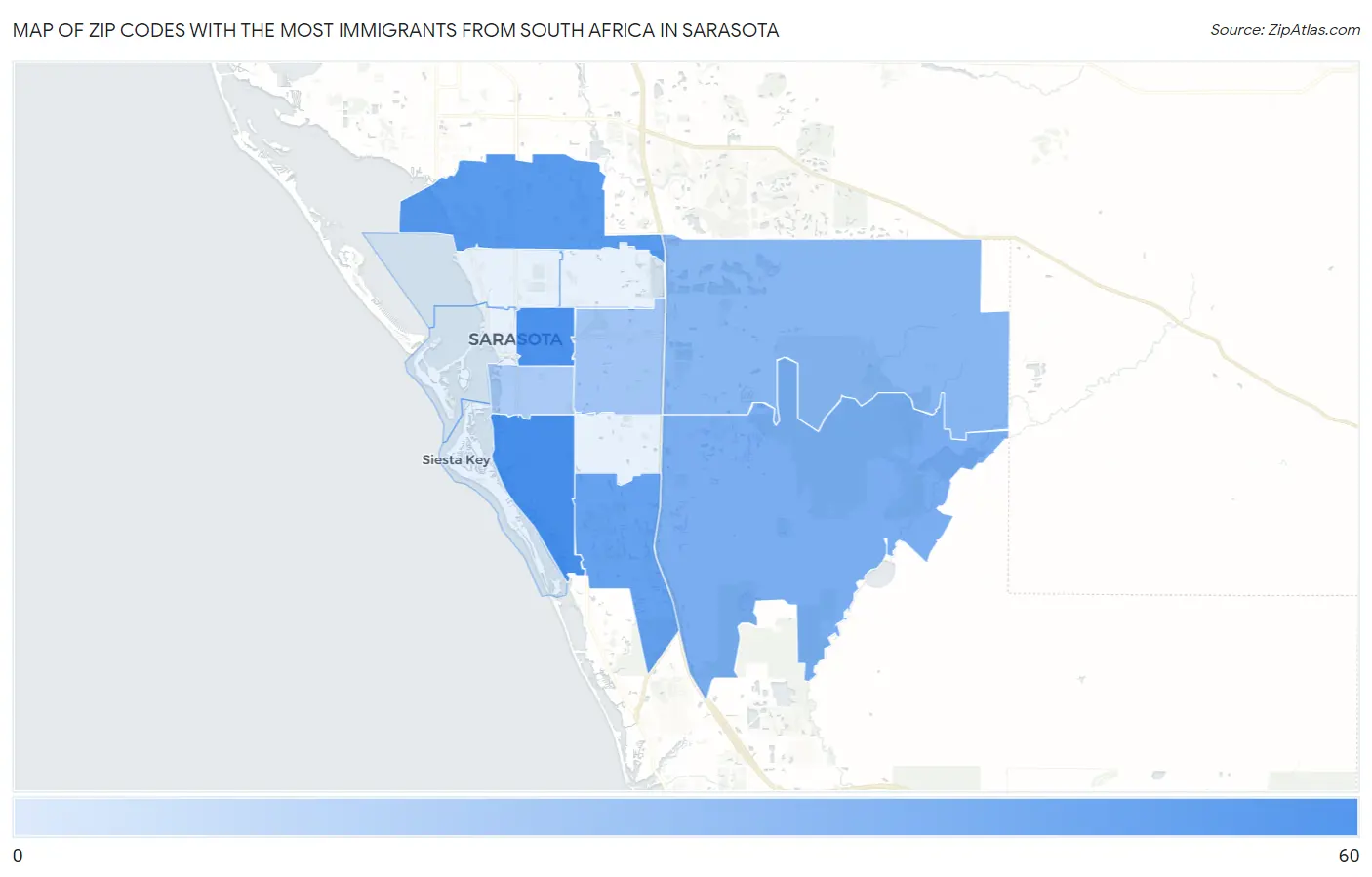 Zip Codes with the Most Immigrants from South Africa in Sarasota Map