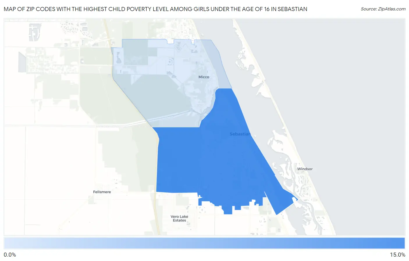 Zip Codes with the Highest Child Poverty Level Among Girls Under the Age of 16 in Sebastian Map
