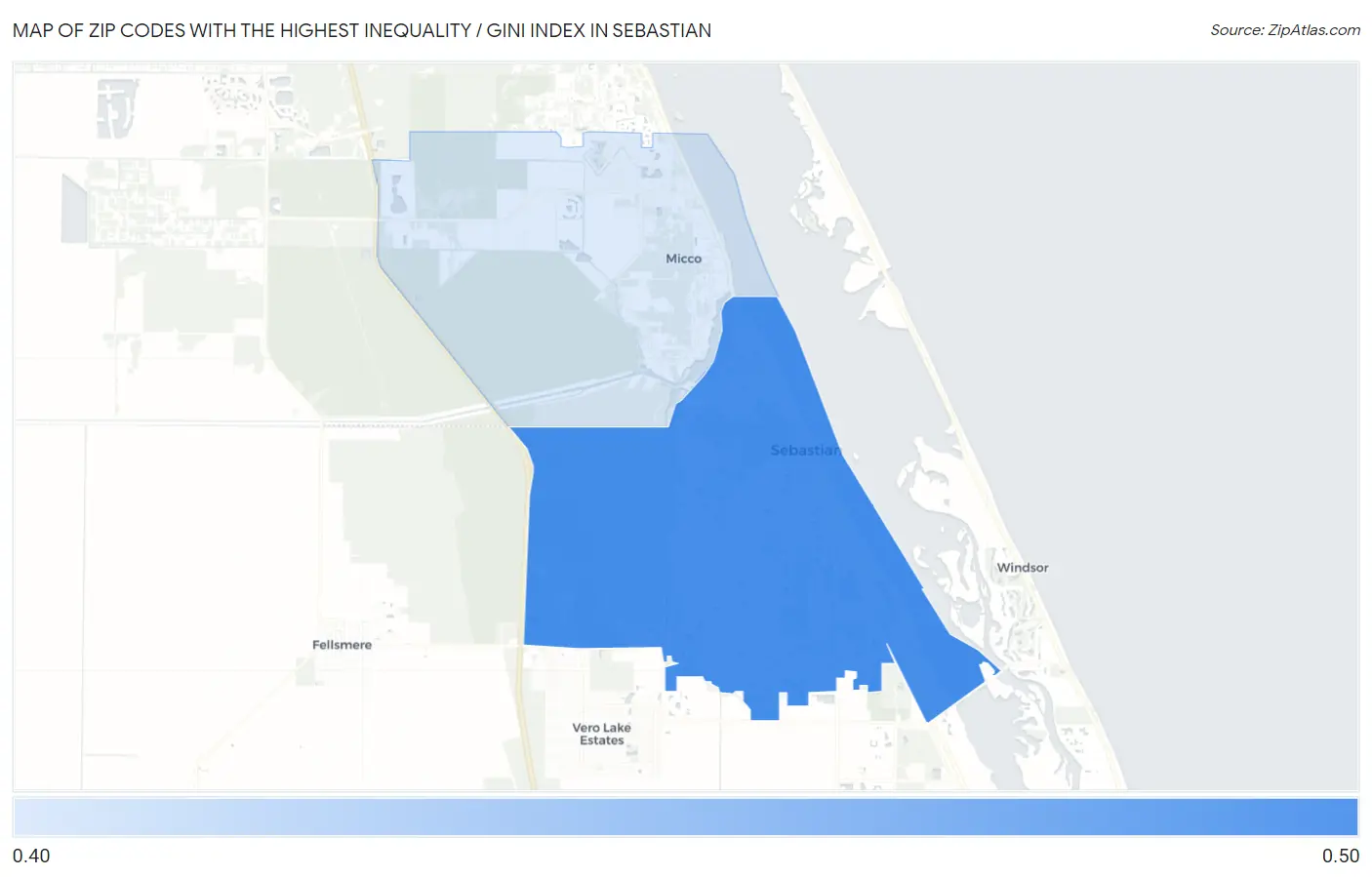 Zip Codes with the Highest Inequality / Gini Index in Sebastian Map