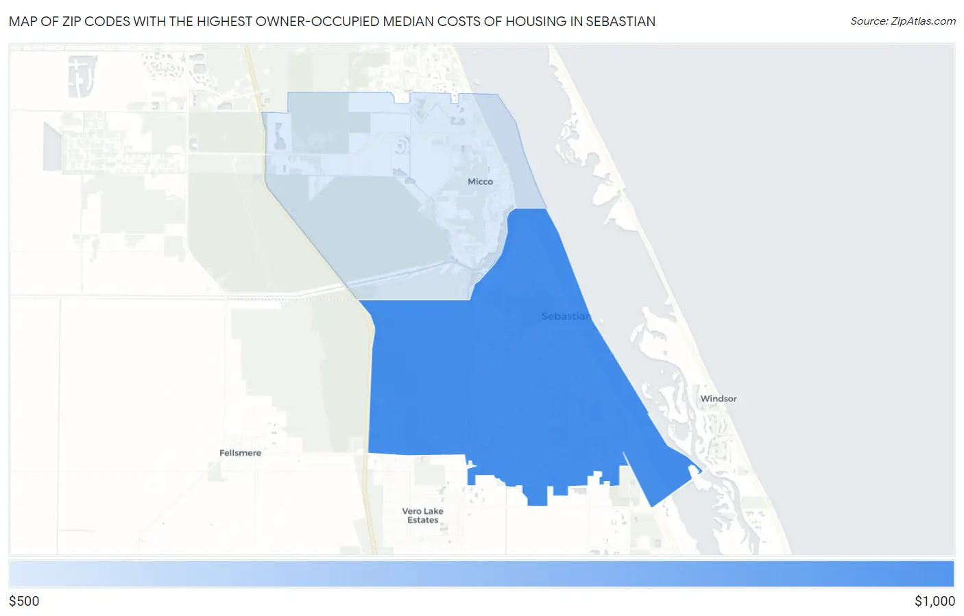 Zip Codes with the Highest Owner-Occupied Median Costs of Housing in Sebastian Map