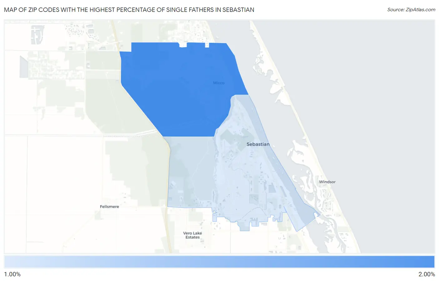 Zip Codes with the Highest Percentage of Single Fathers in Sebastian Map