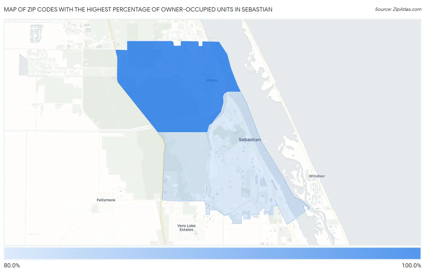 Zip Codes with the Highest Percentage of Owner-Occupied Units in Sebastian Map