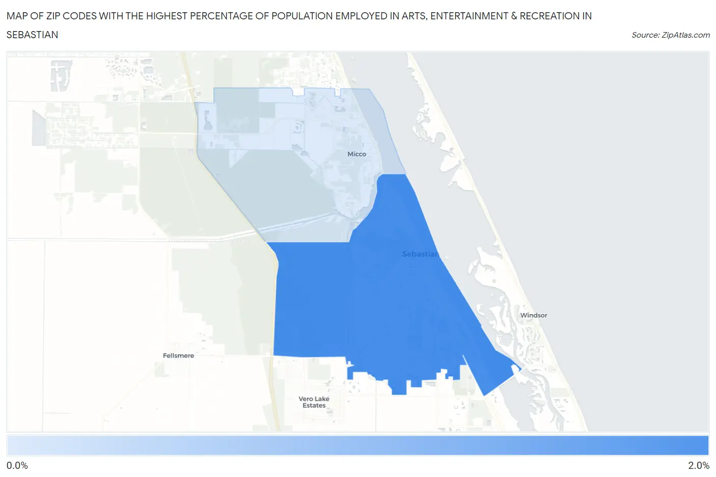 Zip Codes with the Highest Percentage of Population Employed in Arts, Entertainment & Recreation in Sebastian Map