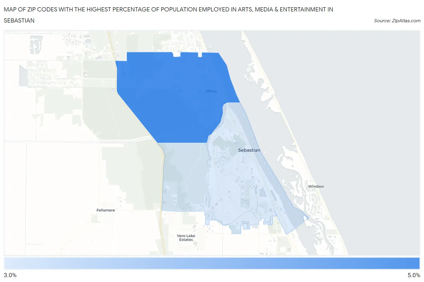 Zip Codes with the Highest Percentage of Population Employed in Arts, Media & Entertainment in Sebastian Map