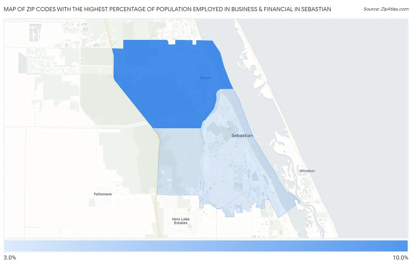 Zip Codes with the Highest Percentage of Population Employed in Business & Financial in Sebastian Map