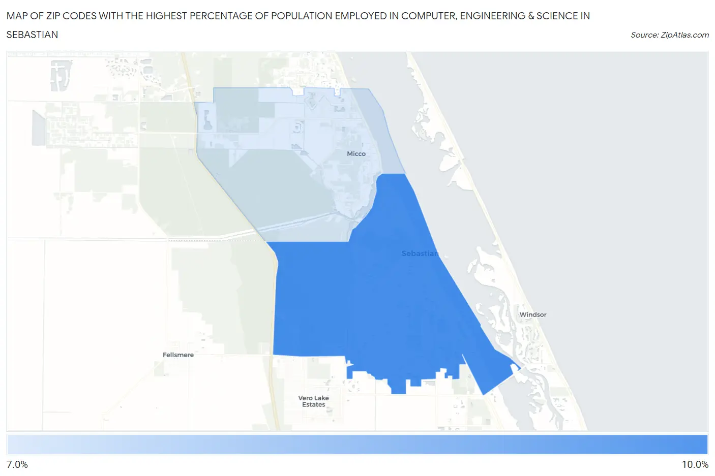 Zip Codes with the Highest Percentage of Population Employed in Computer, Engineering & Science in Sebastian Map