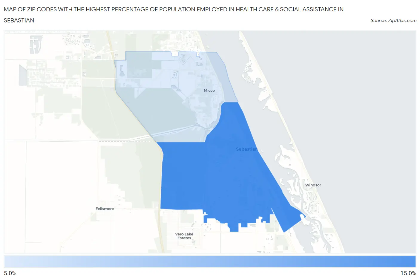 Zip Codes with the Highest Percentage of Population Employed in Health Care & Social Assistance in Sebastian Map