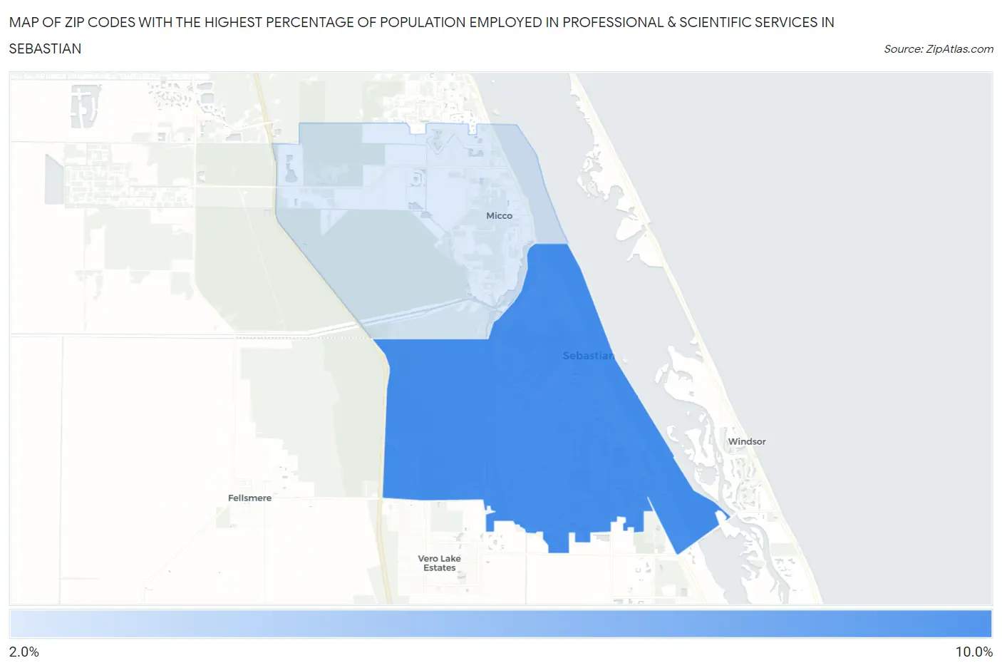Zip Codes with the Highest Percentage of Population Employed in Professional & Scientific Services in Sebastian Map