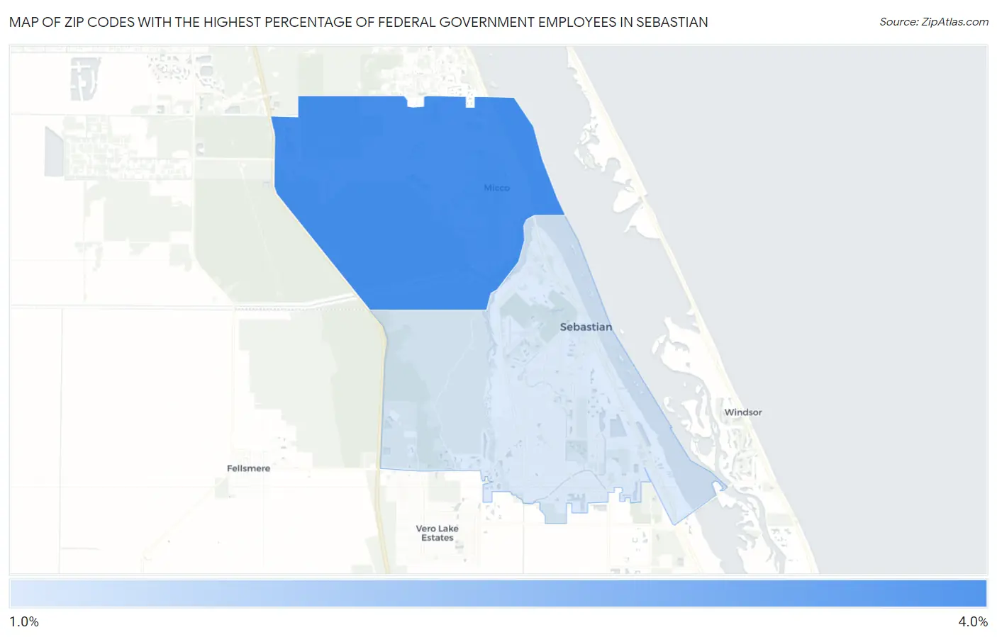 Zip Codes with the Highest Percentage of Federal Government Employees in Sebastian Map