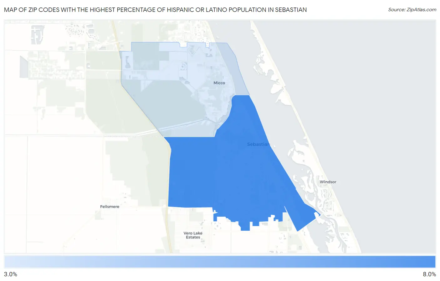 Zip Codes with the Highest Percentage of Hispanic or Latino Population in Sebastian Map