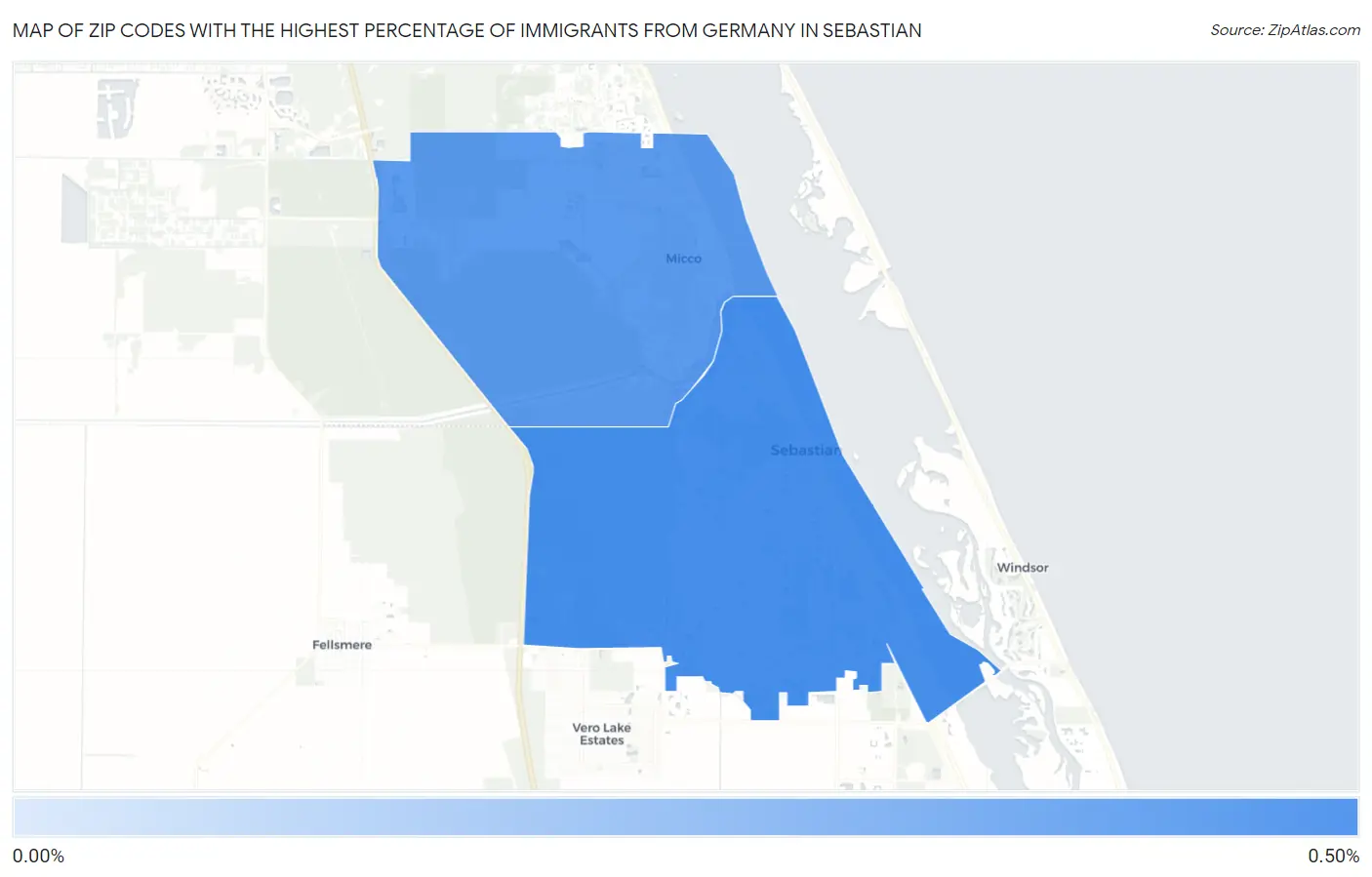 Zip Codes with the Highest Percentage of Immigrants from Germany in Sebastian Map