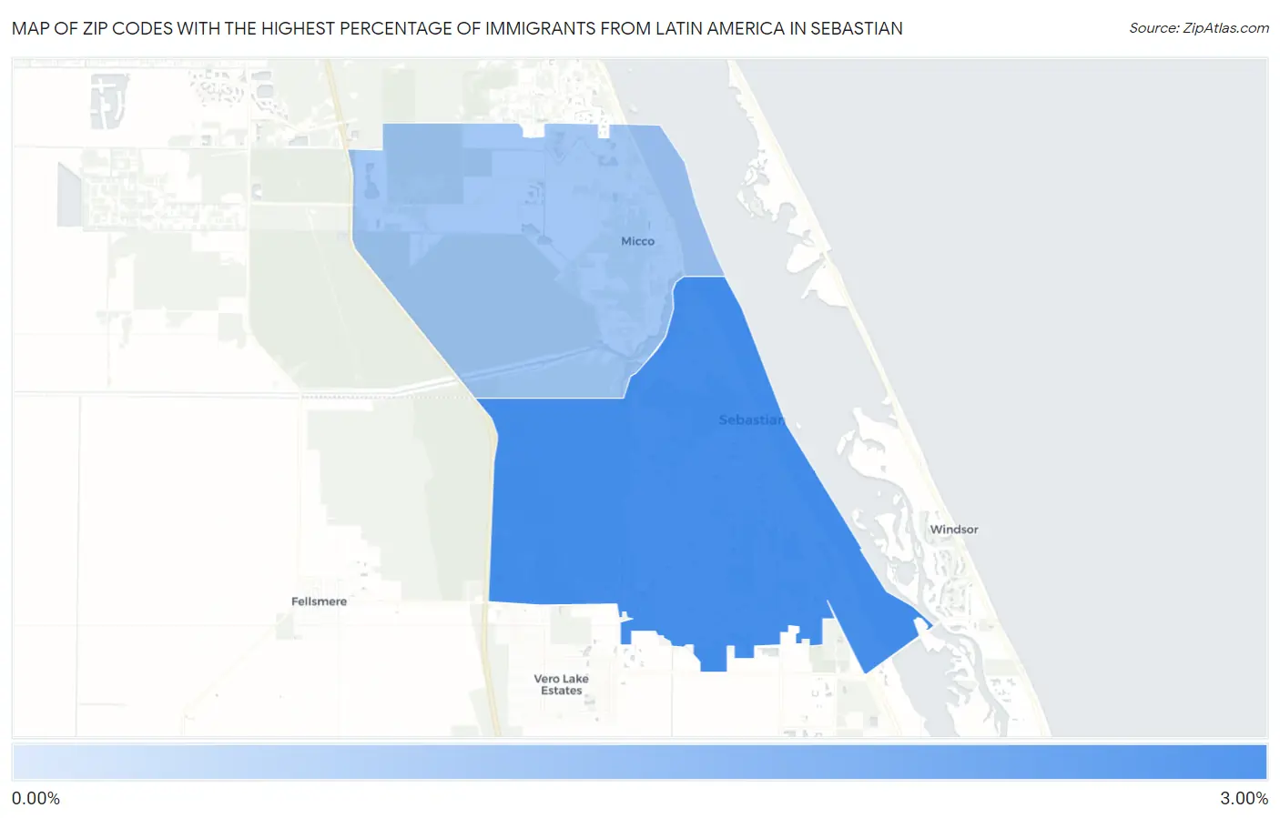 Zip Codes with the Highest Percentage of Immigrants from Latin America in Sebastian Map