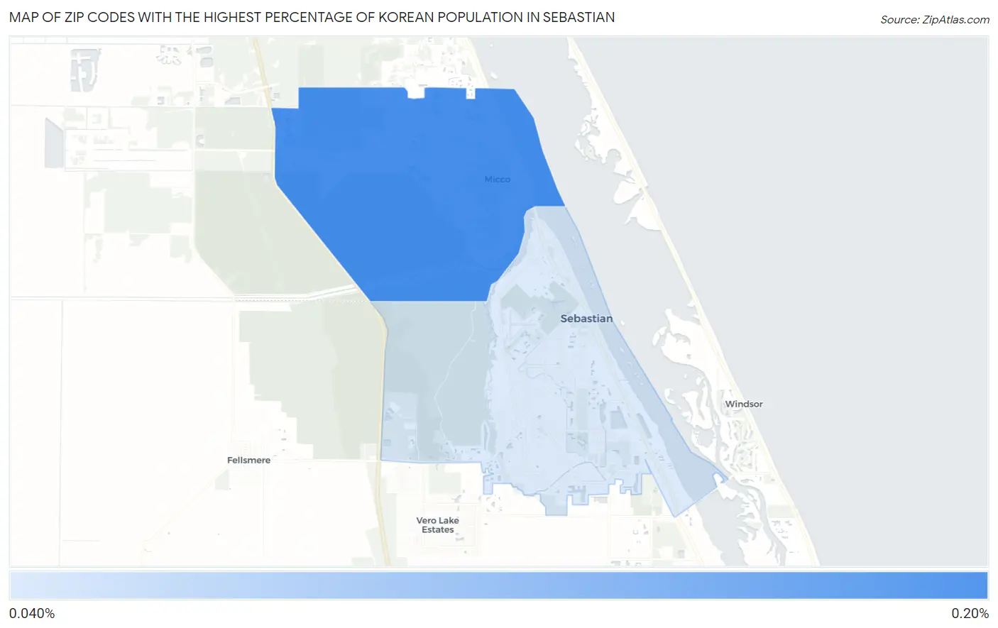 Zip Codes with the Highest Percentage of Korean Population in Sebastian Map
