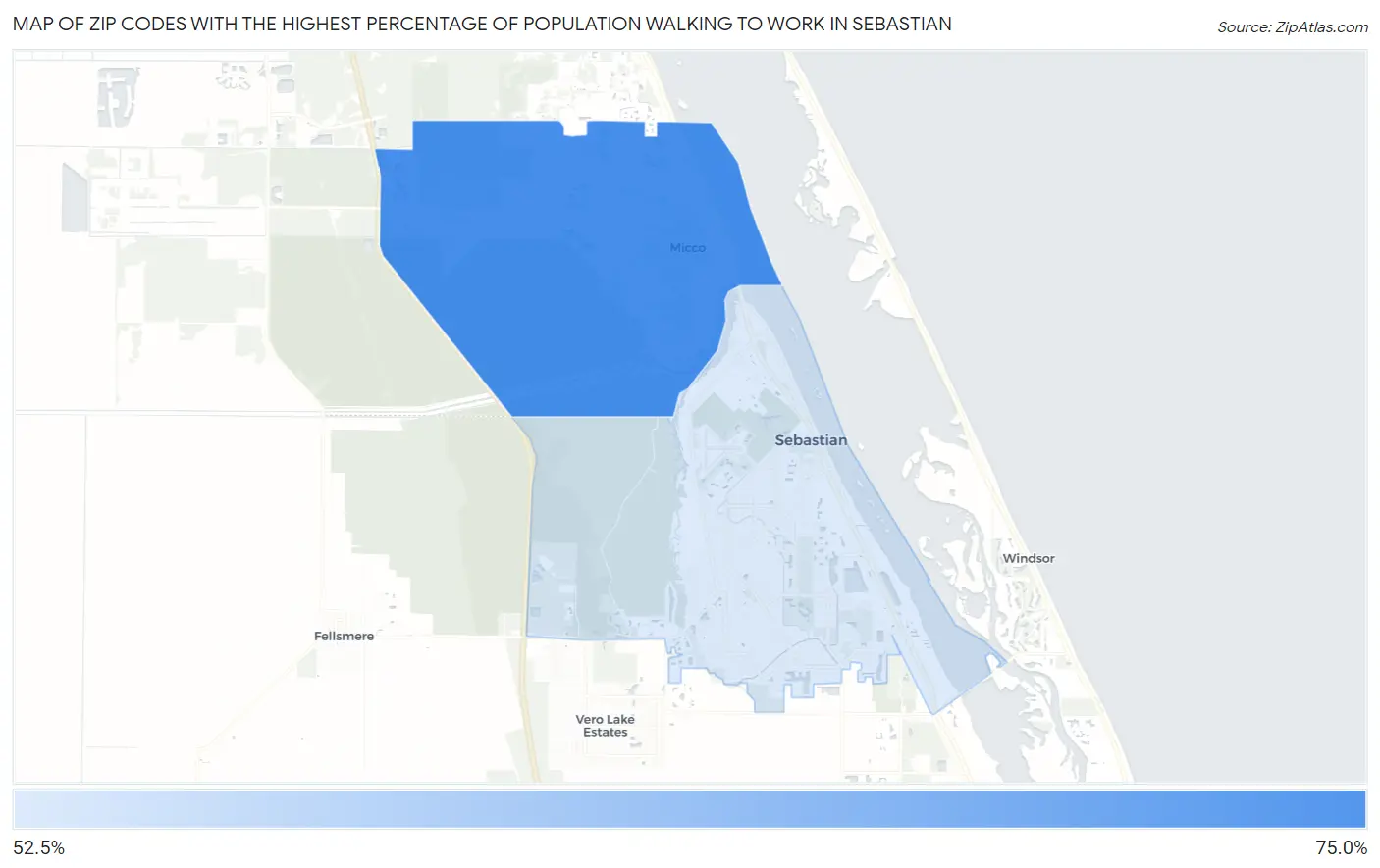 Zip Codes with the Highest Percentage of Population Walking to Work in Sebastian Map