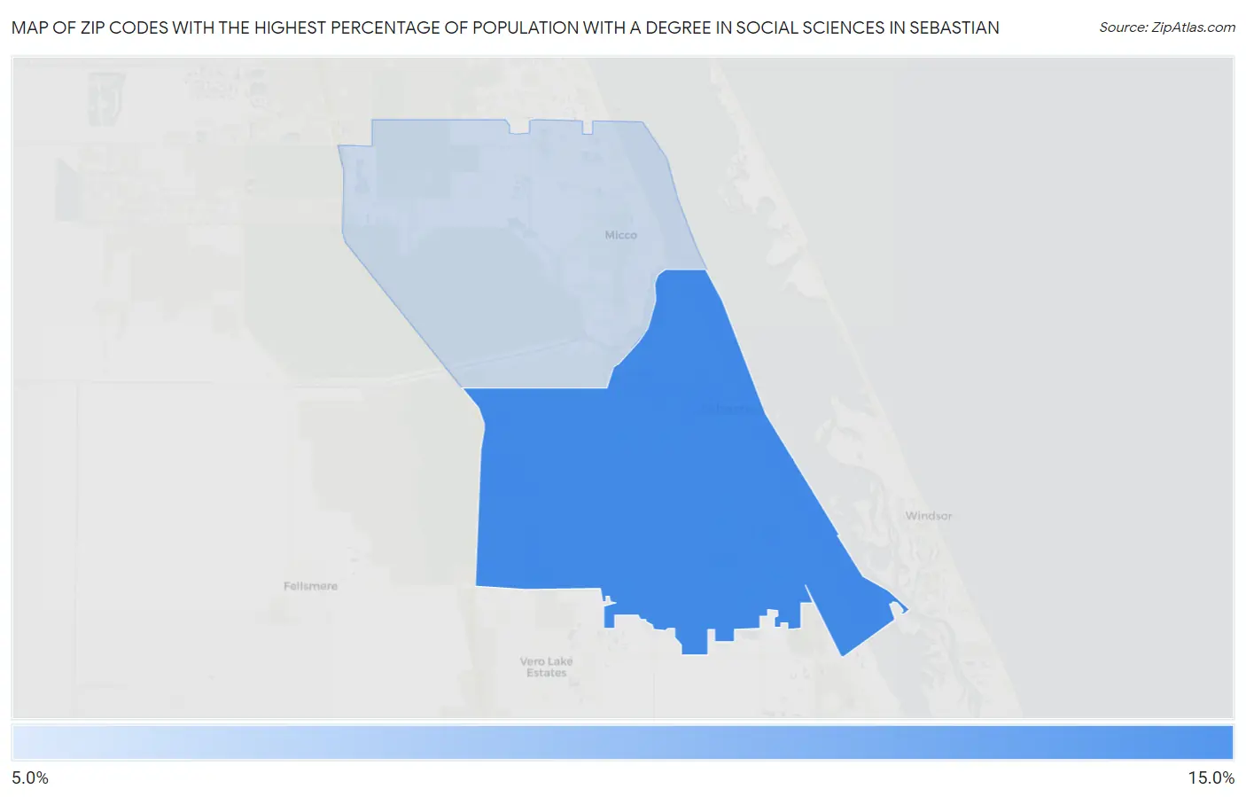 Zip Codes with the Highest Percentage of Population with a Degree in Social Sciences in Sebastian Map
