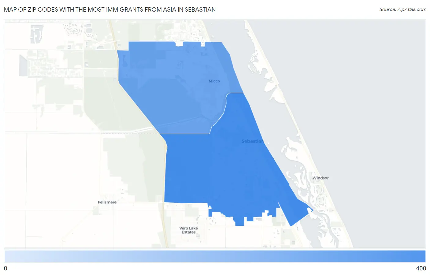 Zip Codes with the Most Immigrants from Asia in Sebastian Map