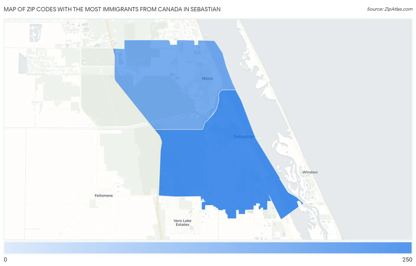 Zip Codes with the Most Immigrants from Canada in Sebastian Map