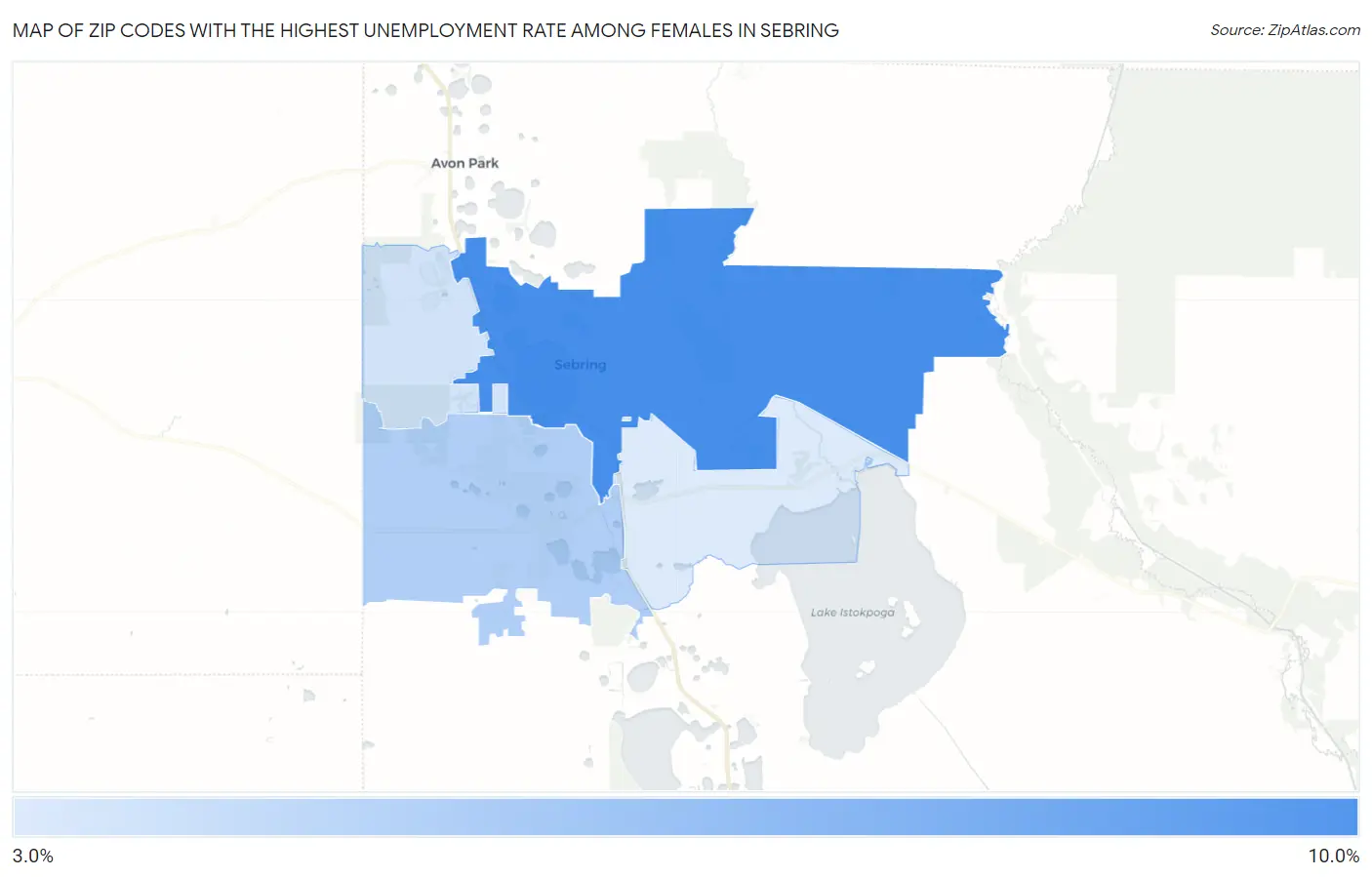 Zip Codes with the Highest Unemployment Rate Among Females in Sebring Map