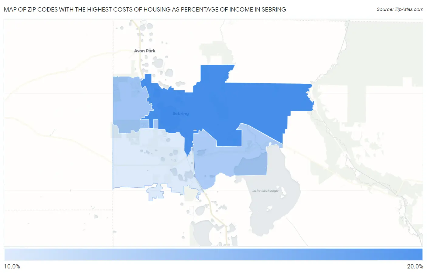 Zip Codes with the Highest Costs of Housing as Percentage of Income in Sebring Map