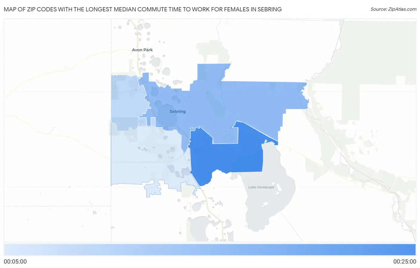 Zip Codes with the Longest Median Commute Time to Work for Females in Sebring Map