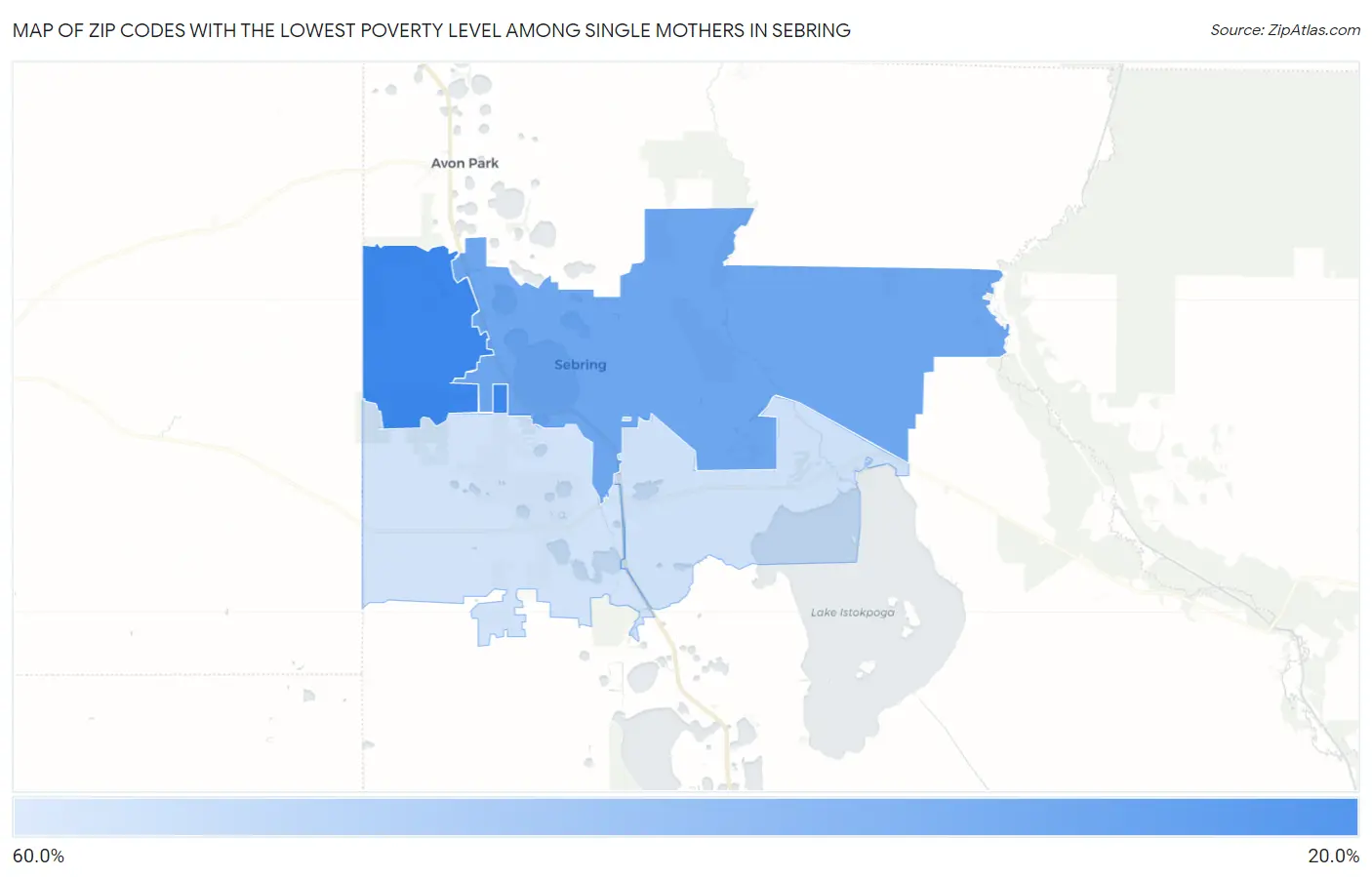 Zip Codes with the Lowest Poverty Level Among Single Mothers in Sebring Map