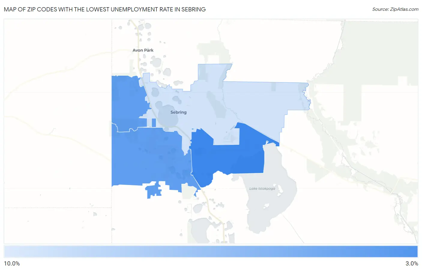 Zip Codes with the Lowest Unemployment Rate in Sebring Map
