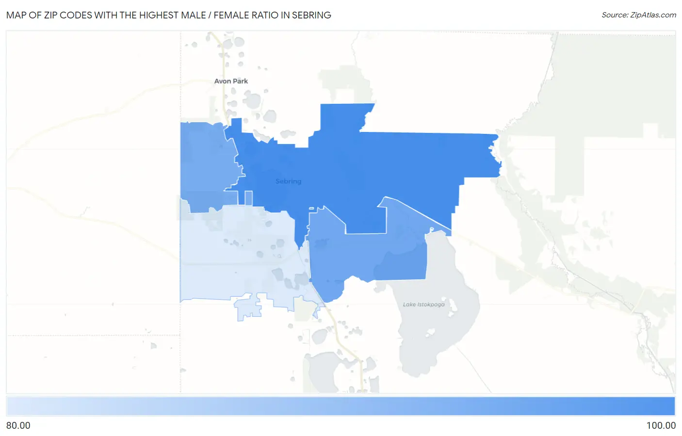 Zip Codes with the Highest Male / Female Ratio in Sebring Map