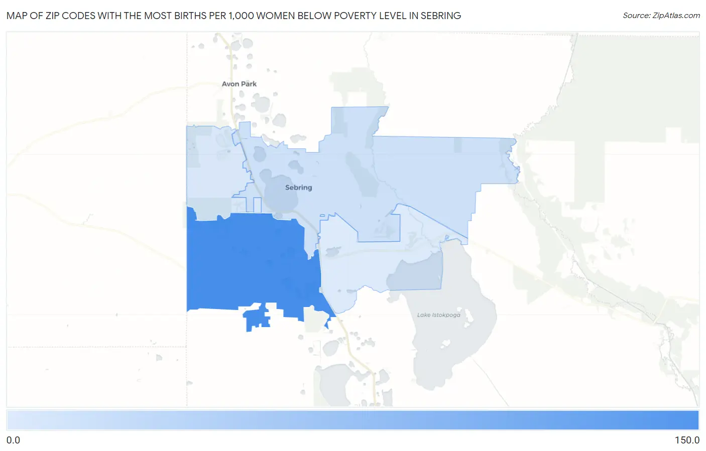 Zip Codes with the Most Births per 1,000 Women Below Poverty Level in Sebring Map