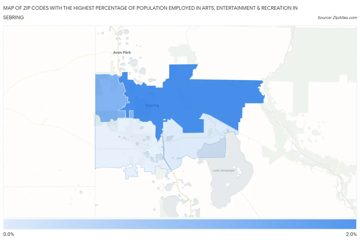 Zip Codes with the Highest Percentage of Population Employed in Arts, Entertainment & Recreation in Sebring Map