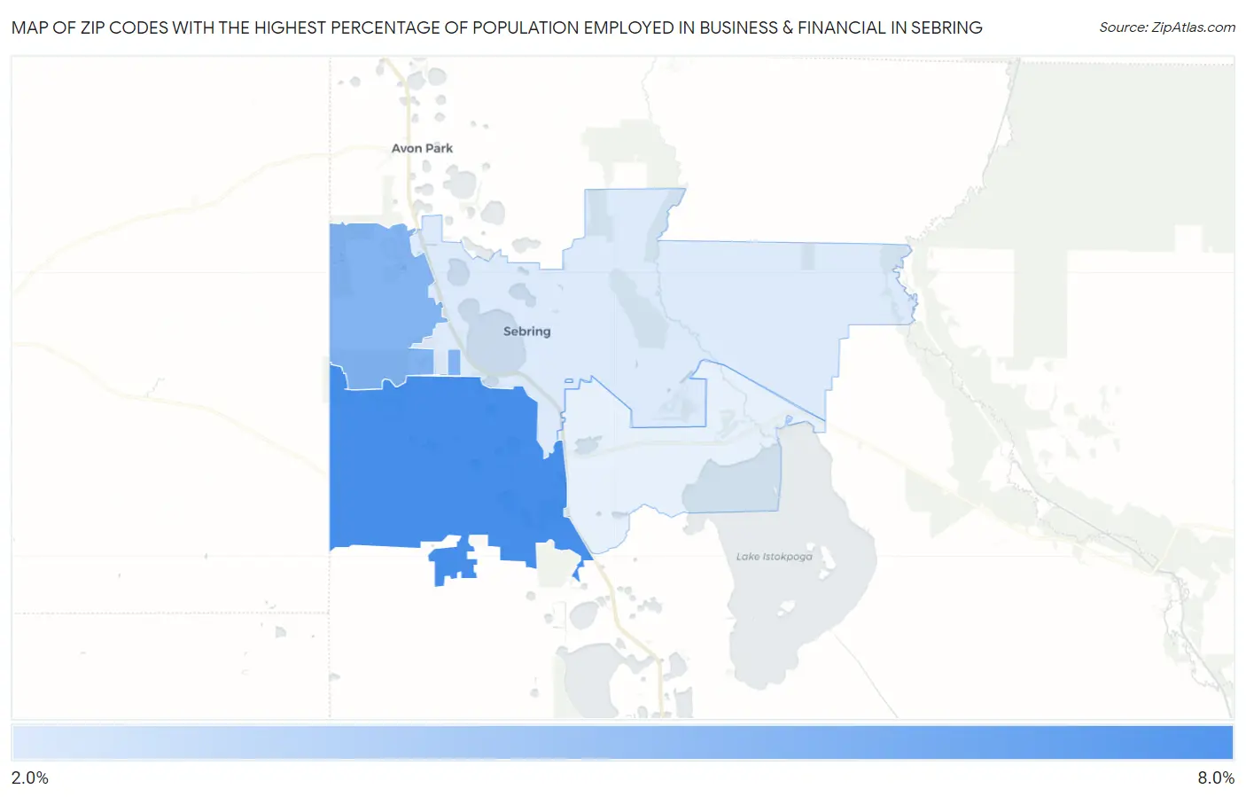 Zip Codes with the Highest Percentage of Population Employed in Business & Financial in Sebring Map