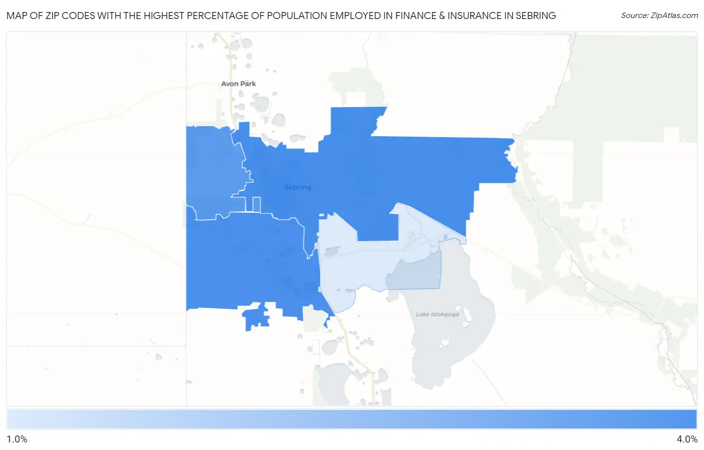 Zip Codes with the Highest Percentage of Population Employed in Finance & Insurance in Sebring Map