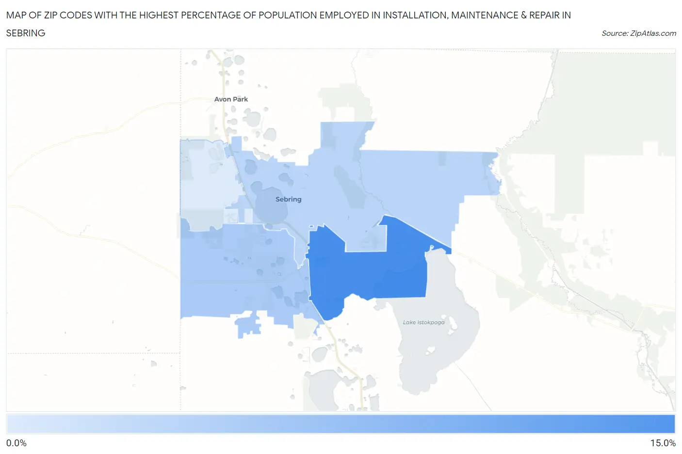 Zip Codes with the Highest Percentage of Population Employed in Installation, Maintenance & Repair in Sebring Map