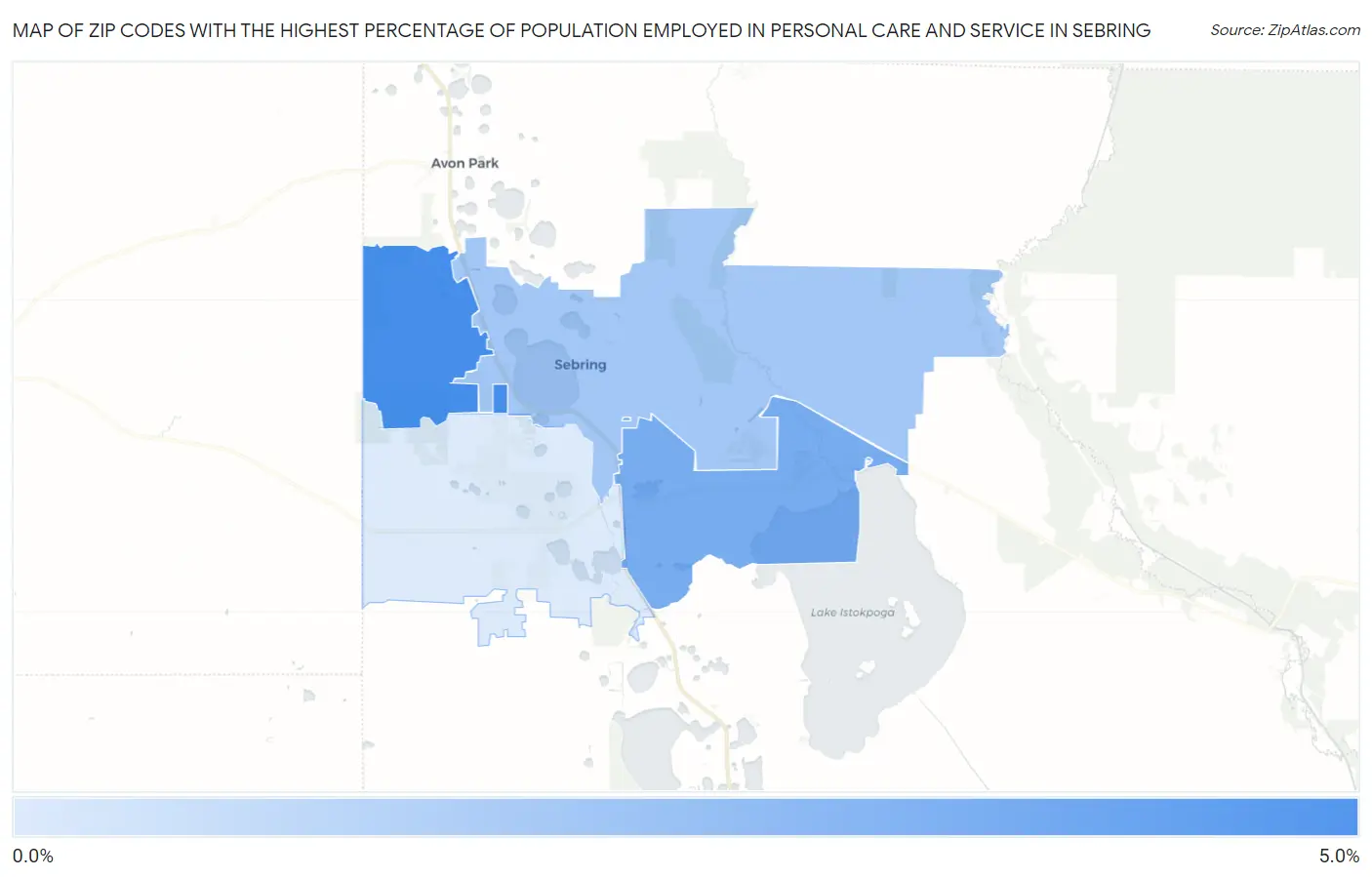 Zip Codes with the Highest Percentage of Population Employed in Personal Care and Service in Sebring Map