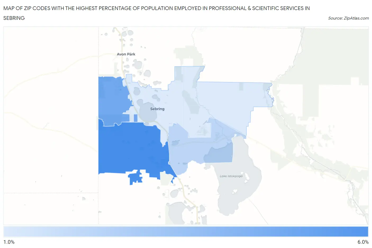 Zip Codes with the Highest Percentage of Population Employed in Professional & Scientific Services in Sebring Map
