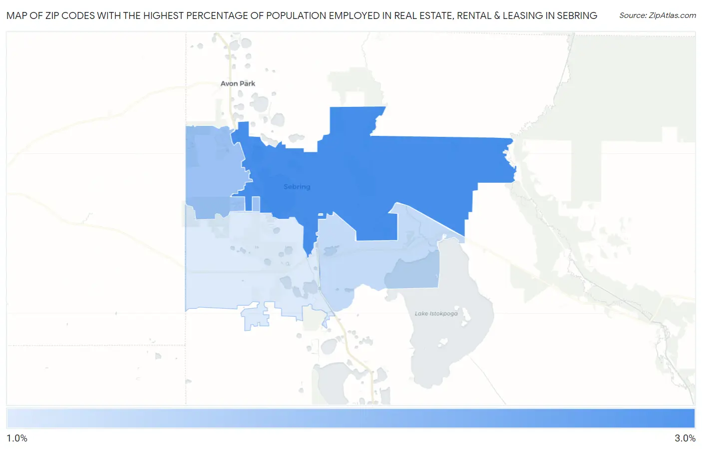 Zip Codes with the Highest Percentage of Population Employed in Real Estate, Rental & Leasing in Sebring Map