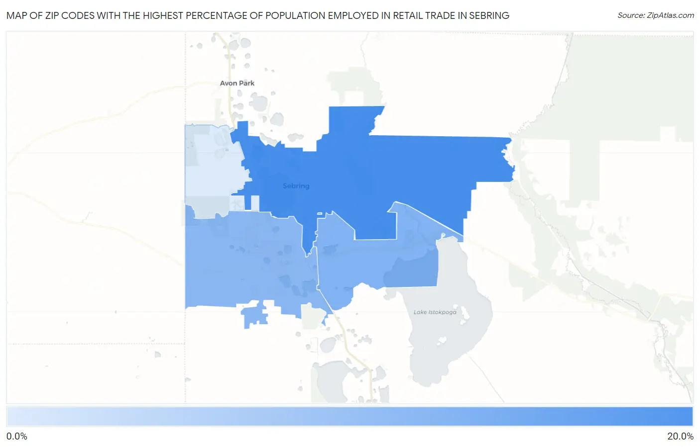 Zip Codes with the Highest Percentage of Population Employed in Retail Trade in Sebring Map