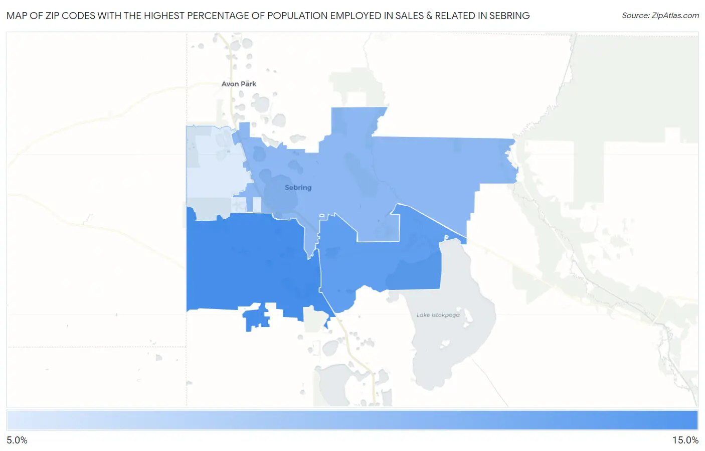 Zip Codes with the Highest Percentage of Population Employed in Sales & Related in Sebring Map