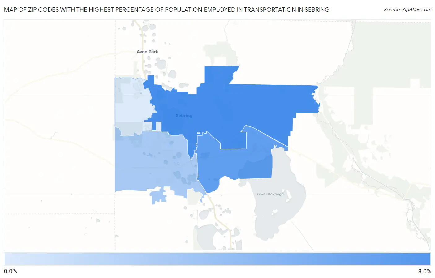 Zip Codes with the Highest Percentage of Population Employed in Transportation in Sebring Map