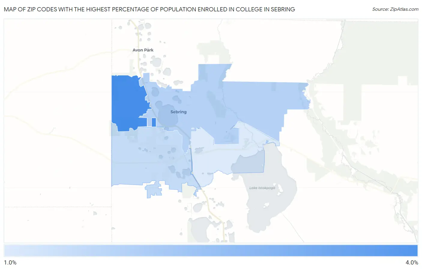 Zip Codes with the Highest Percentage of Population Enrolled in College in Sebring Map