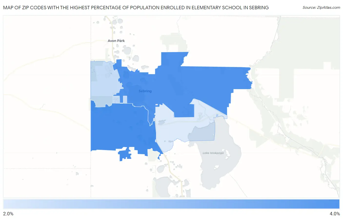 Zip Codes with the Highest Percentage of Population Enrolled in Elementary School in Sebring Map