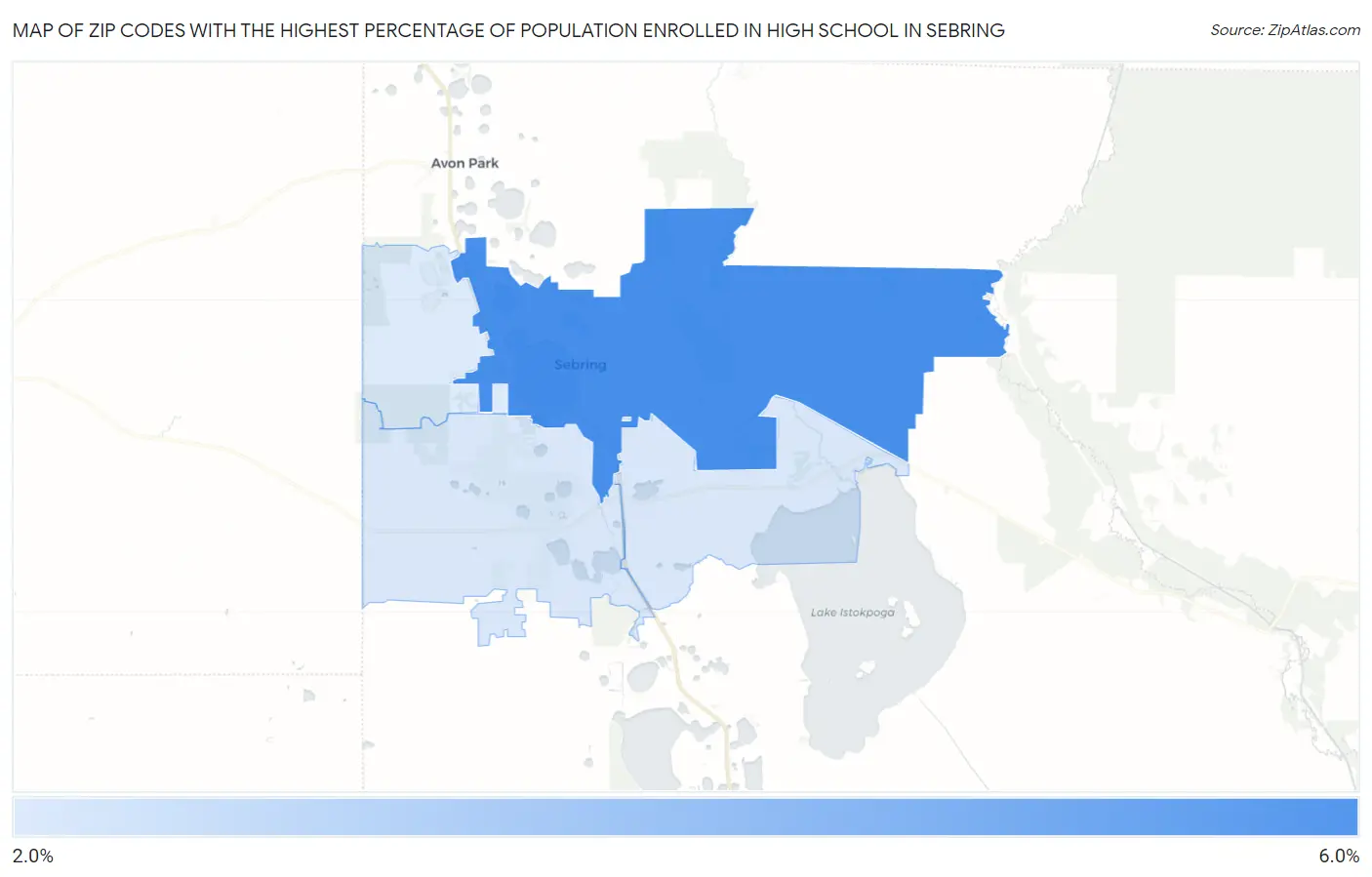 Zip Codes with the Highest Percentage of Population Enrolled in High School in Sebring Map